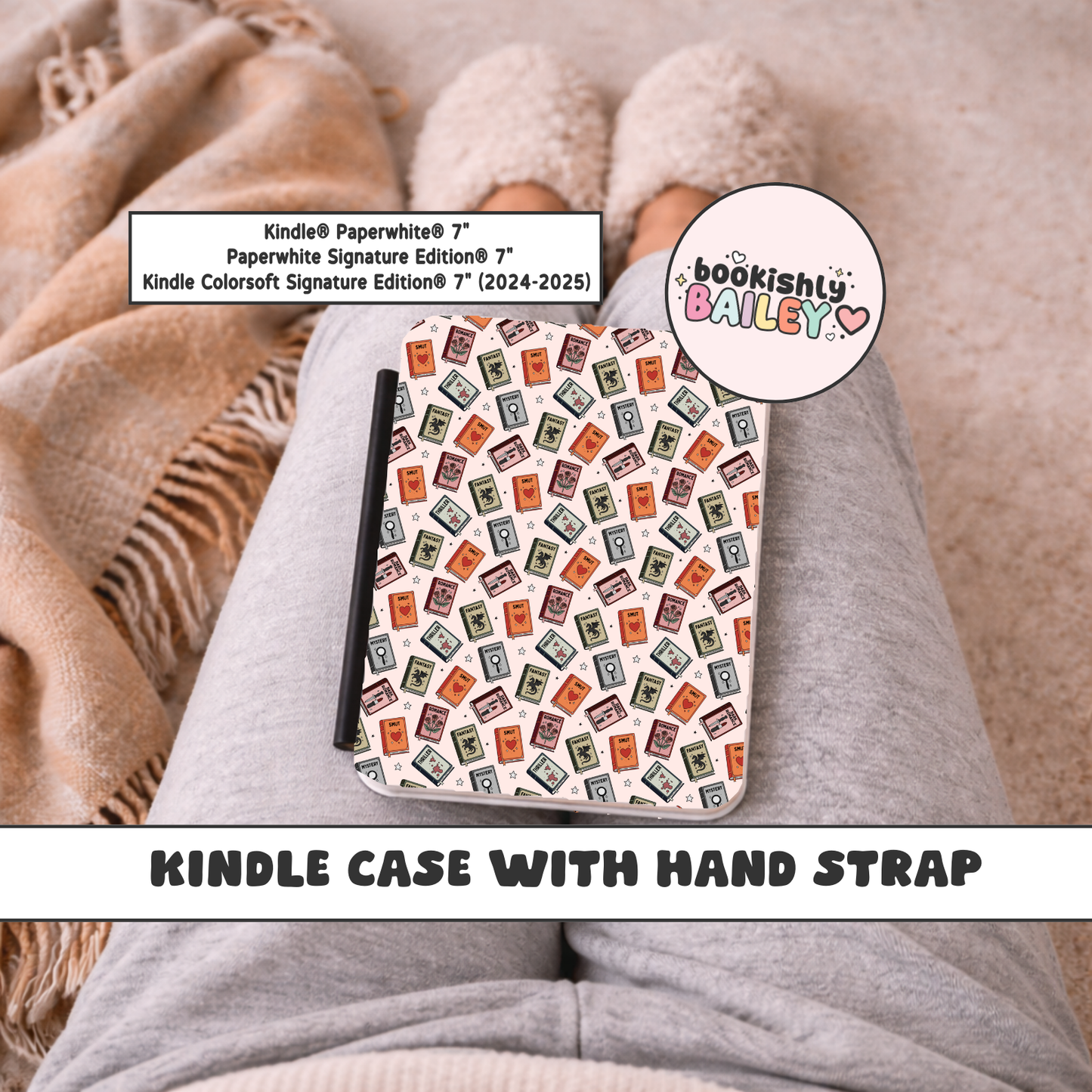 Book Genres Magnetic Kindle Case With Hand Strap