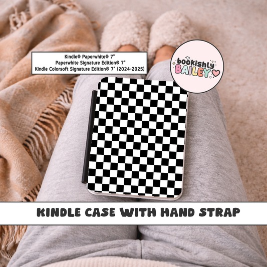 Black Checkered Magnetic Kindle Case With Hand Strap