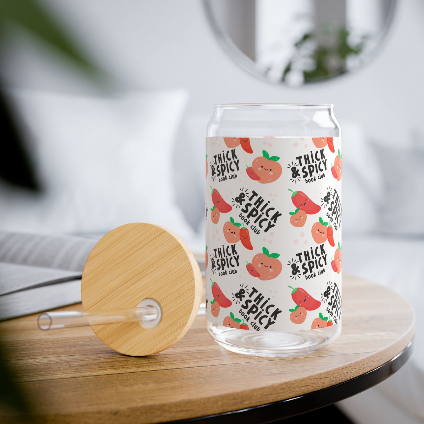 Thick & Spicy Logo Pattern Sipper Glass, 16oz