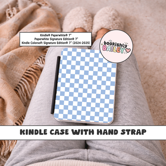 Blue Checkered Magnetic Kindle Case With Hand Strap