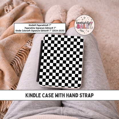 Black Checkered Magnetic Kindle Case With Hand Strap