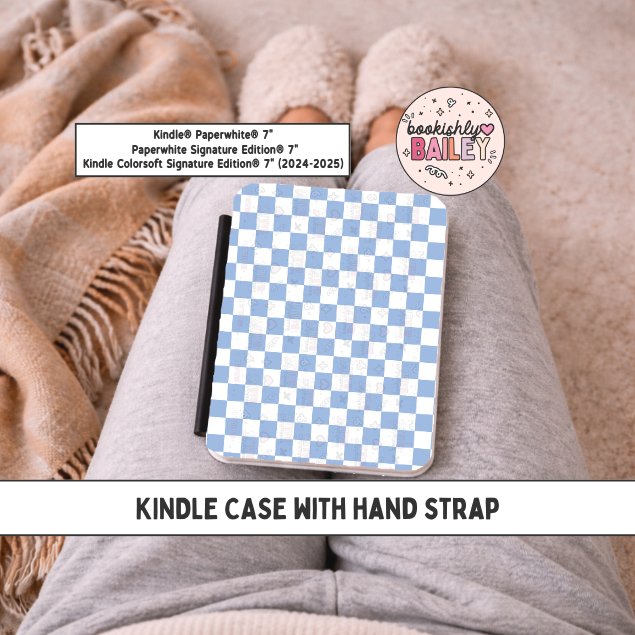Blue Checkered Magnetic Kindle Case With Hand Strap